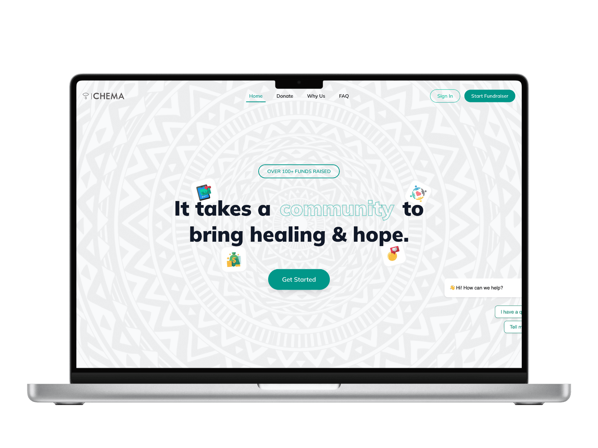 Chema crowdfunding landing page shown on a laptop